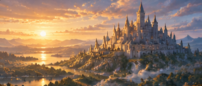 A white castle on a green hill at sunset, sun low over the water