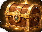 A wooden treasure chest bound in gold, with a blue gem in the lock