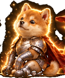 Sword Inu seated in armor, cape pooled beside him